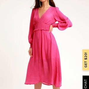 NWT - Lulu’s bright pink long-sleeve midi dress